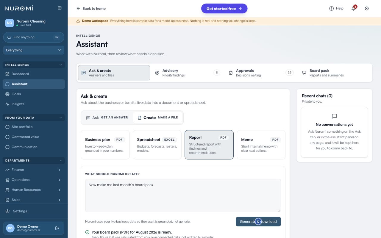 The Assistant Create tab: a typed request for a spreadsheet of last month financials, the workbook building, and then a board report requested the same way.