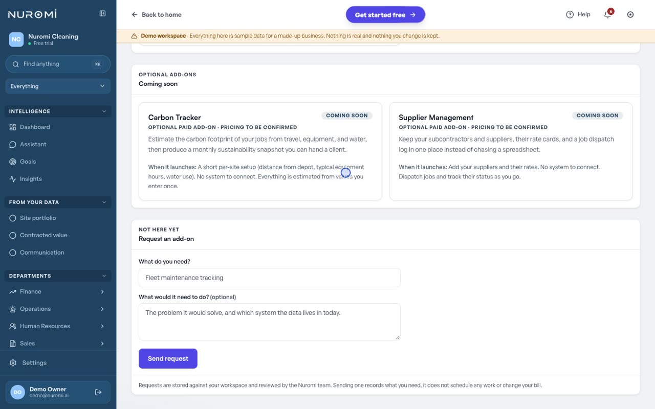 The Marketplace page inside the dashboard, showing client portals, a carbon tracker and supplier management as coming-soon cards with no price.