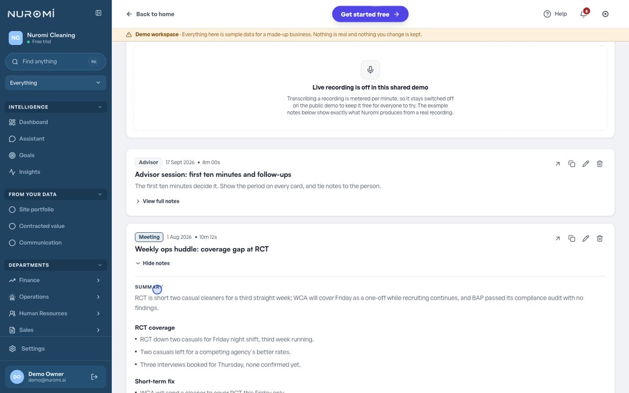 A meeting note opened in the dashboard, showing the summary, decisions, action items and open questions.