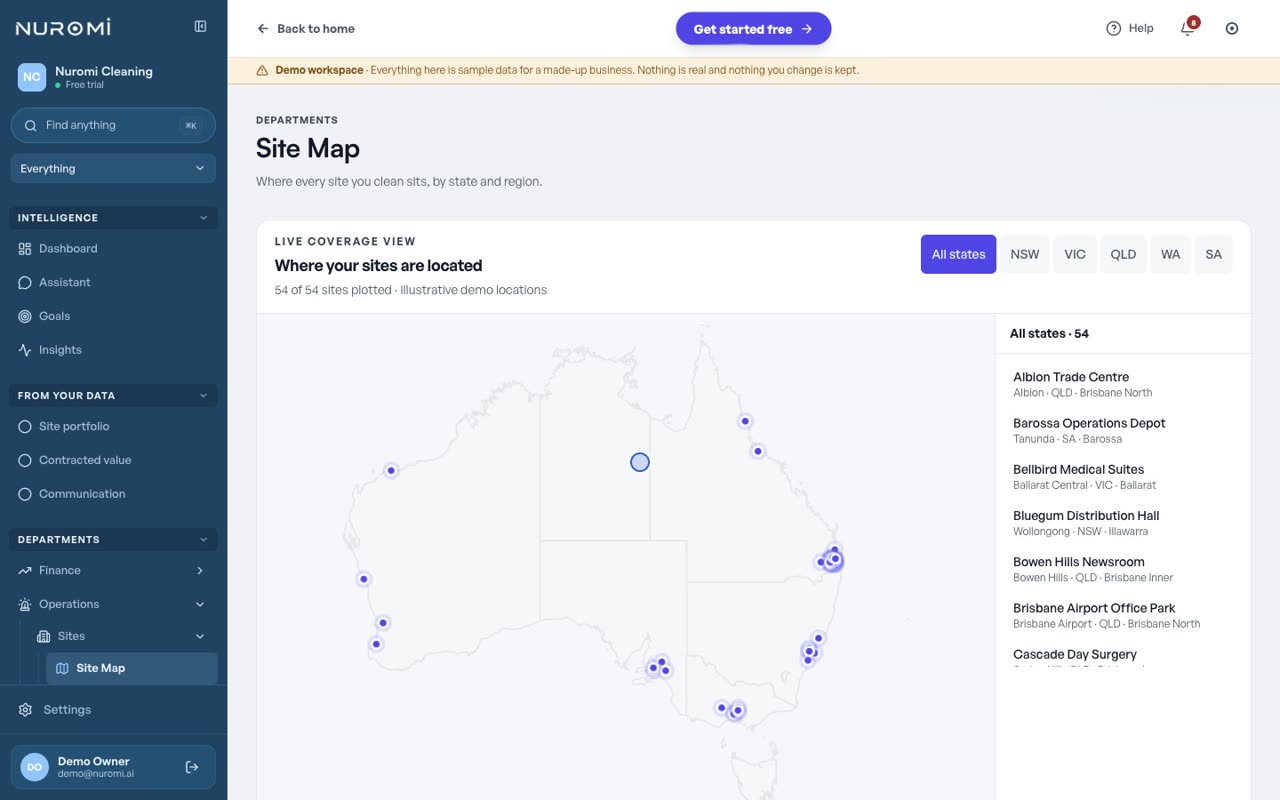 The site portfolio on a cleaning workspace: every site listed with its client, inspection score, days since the last inspection and annual contract value, then the same sites plotted on a map of Australia.
