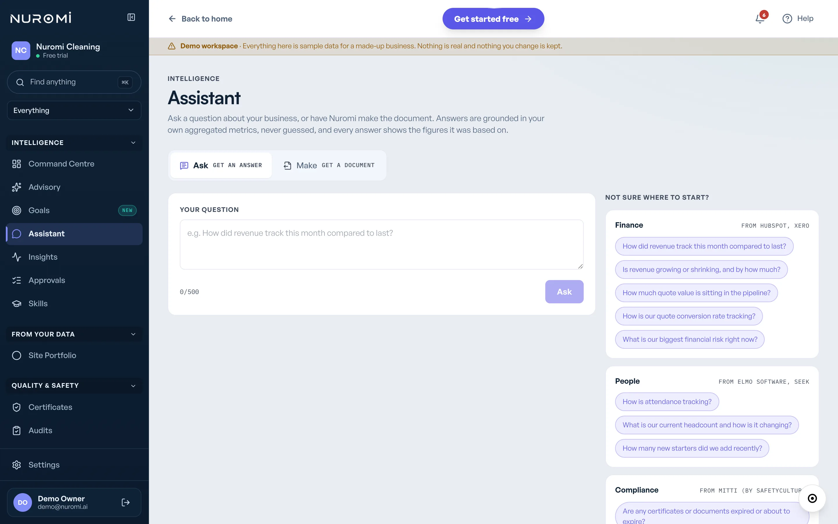 The real Assistant screen: ask a plain language question, grounded in your own aggregated metrics.